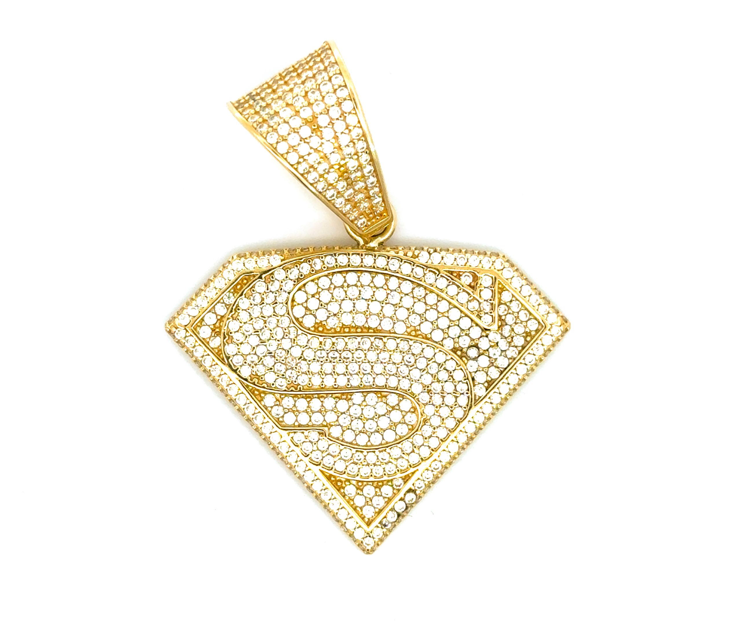 9K Yellow Gold Iced Out Superman Logo Style Pendant EXCLUSIVE