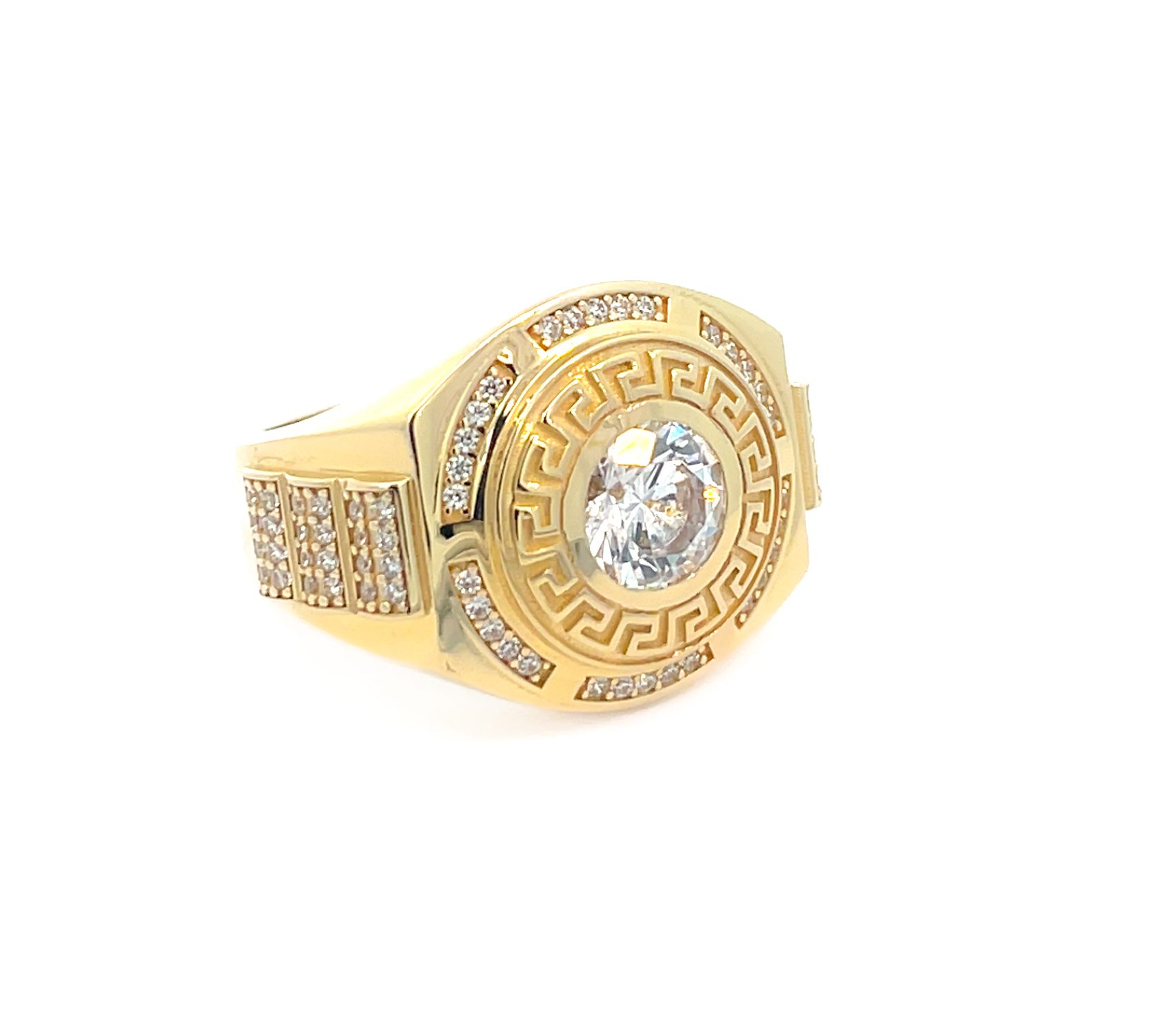 9K Yellow Gold Gem Set Greek Key Design Gents Ring