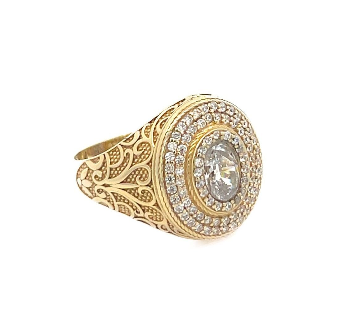 9K Yellow Gold Vintage Style Signet Ring With CZ Stones Mens Side 2