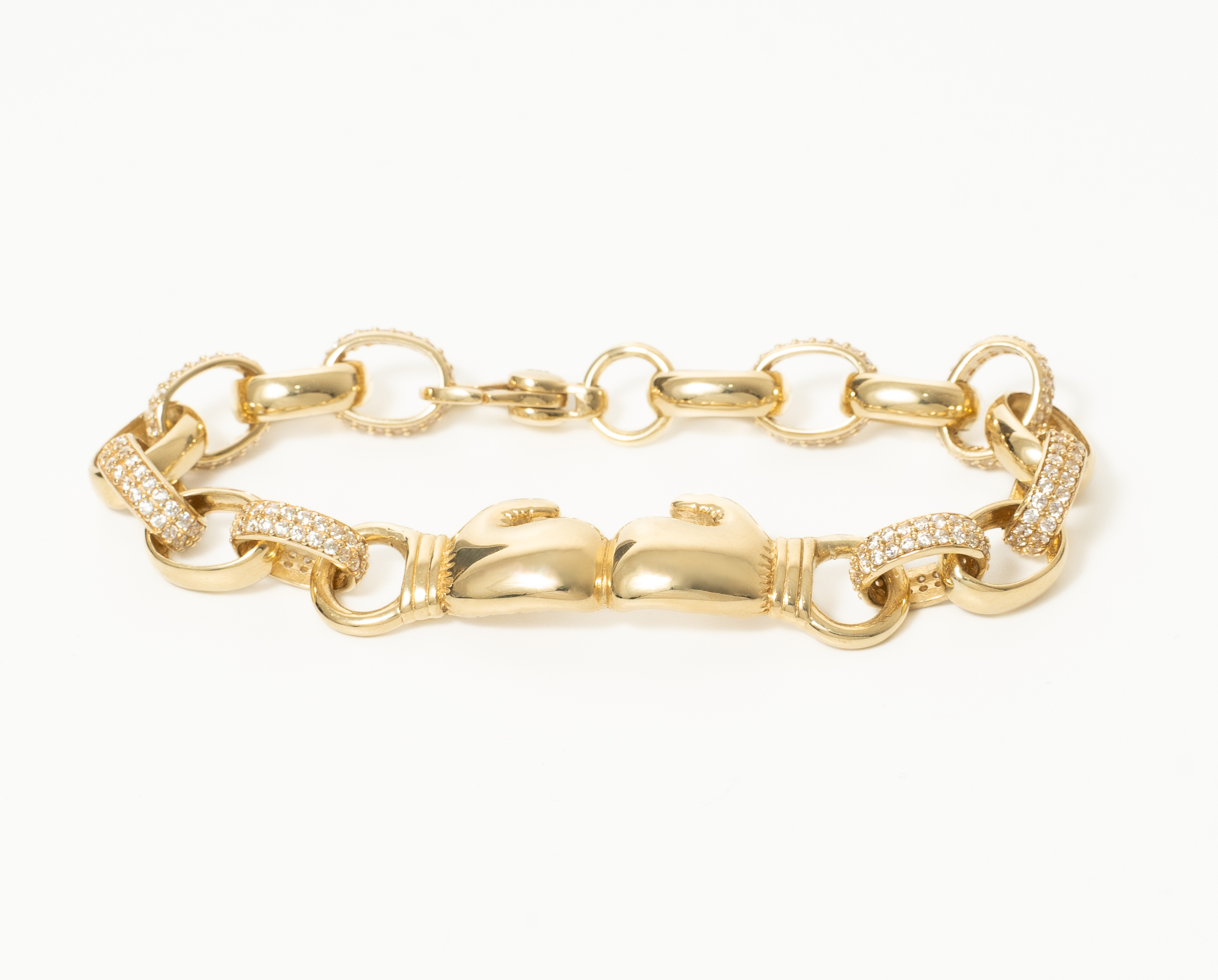 9K Yellow Gold SOLID Double Plain Boxing Glove With CZ Belcher Link Bracelet Small