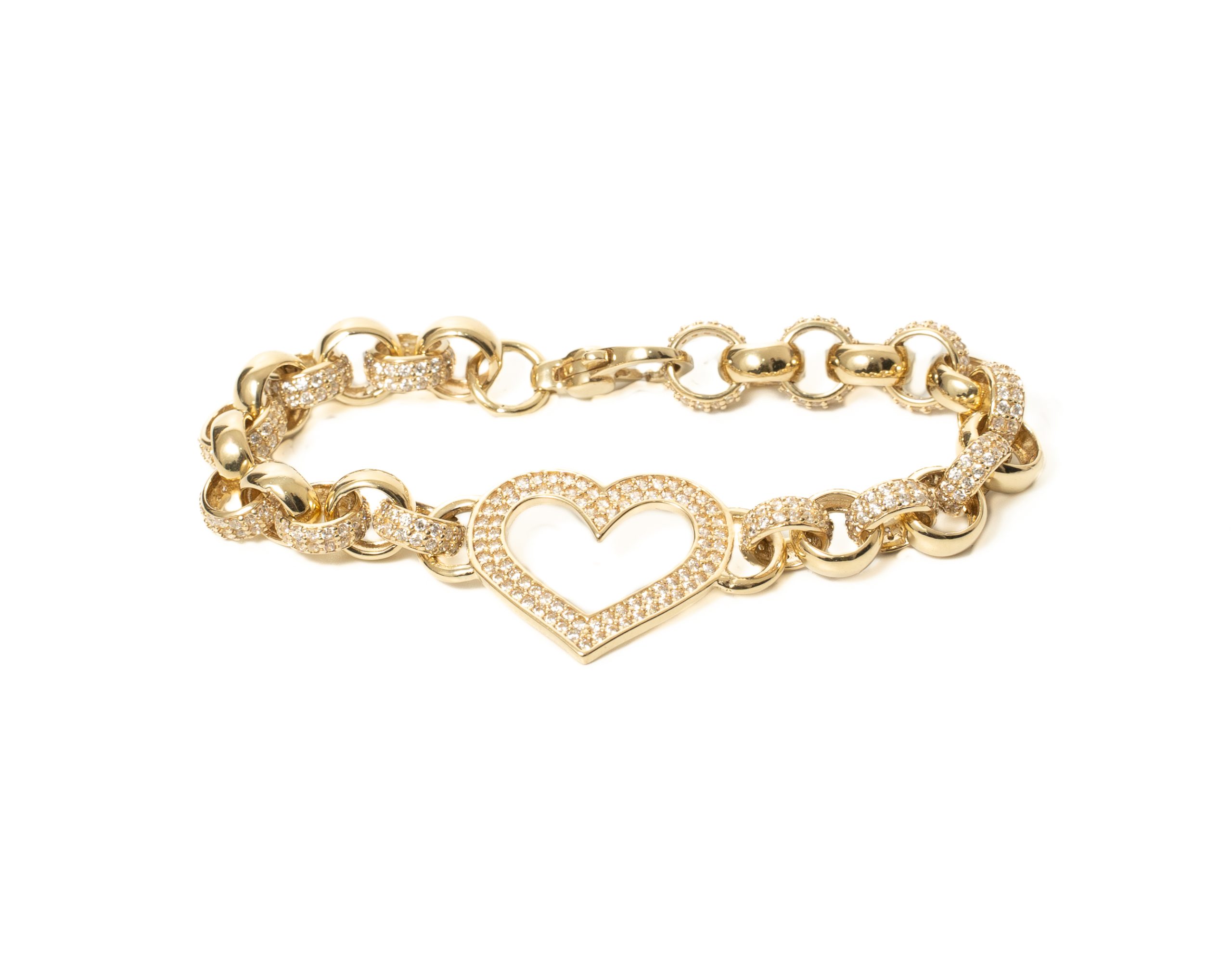 9K Yellow Gold CZ Set Heart Belcher Bracelet