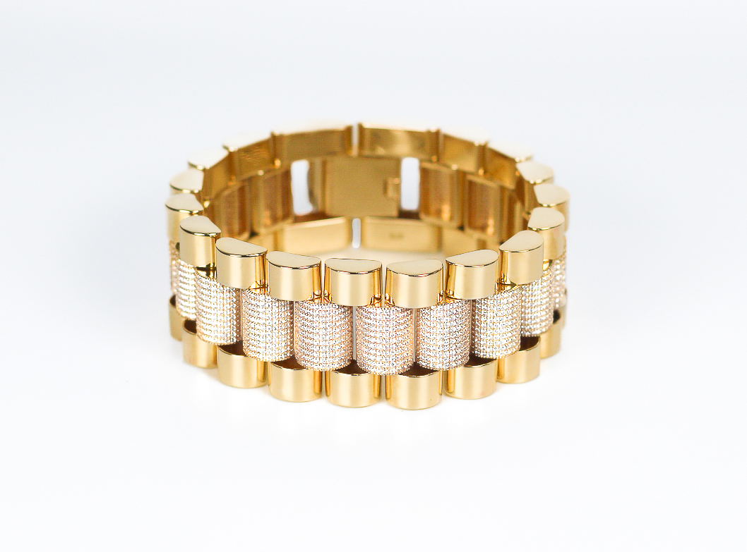 9K Yellow Gold Iced Out Big Size Heavy ROLEX Style Bracelet